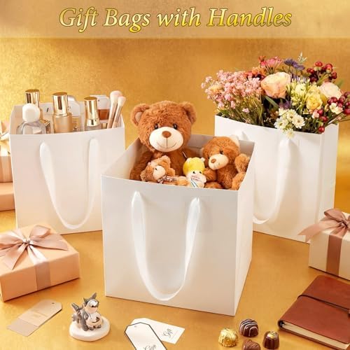 Windyun 50 Pcs Square Paper Gift Bags with Handle 10 x 10 x 10'' Large Favor Bag with DIY Thank You Tag for Wedding Christmas Bridal Shower Bridesmaid Birthday Party (White) - Image 4