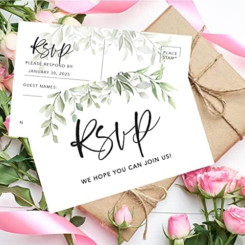Andaz Press 56-Pack Personalized RSVP Postcards for Wedding Greenery Leaves Cardstock Response Reply Cards for Bridal Shower Baby Shower Birthday Event Custom Date and Return Address 4 x 6-Inch - Image 3