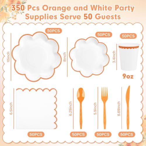 350 Pcs Orange and White Paper Plates and Napkins Set, Serve for 50 Guests - Image 2