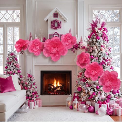 Giegxin 28 Pcs 14'' 10'' 6'' Hot Pink Christmas Paper Flowers Ornaments - Image 4