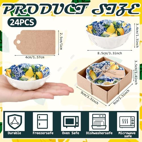 SiliFine 24 Pcs Capri Lemon Party Favors for Guests Small Ceramic Bowl Bulk Gifts Set 3.3 Inch Floral Design Mini Dipping Sauce Dish with Card Box for Bridal Pooja Baby Shower Birthday Guest Gift - Image 2