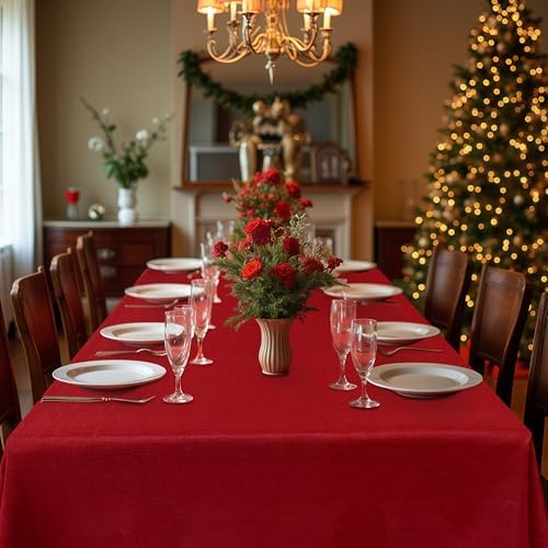 Fitable 2 Pack Christmas Red Faux Linen Tablecloths Rectangle 60x120 Inch - Image 2