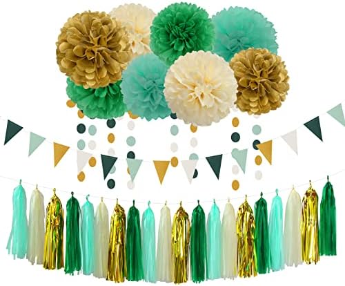 Sage-Green Beige-Gold Baby Bridal-Shower Decorations - 34pcs Rustic Wedding Tissue Pom Poms,Tassel Garland Banner,Birthday Gender Reveal Bachelorette Engagement Party Decor Bunting Lasting Surprise - Image 2