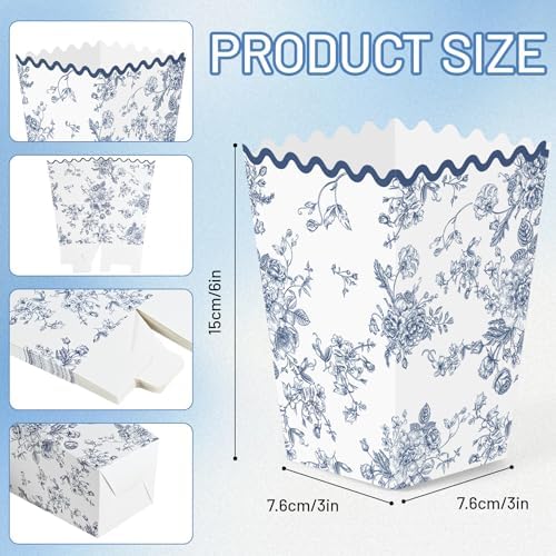 Kuabiz 60 Pcs Blue Floral Popcorn Boxes with Scalloped Chinoiserie Flowers Paper Candy Boxes Disposable Blue Popcorn Bowls Cookie Containers for Wedding Bridal Baby Shower Tea Spring Party Supplies - Image 2