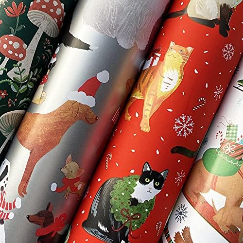 Jillson Roberts Kids Christmas Wrapping Paper Roll Bundle (25 sq ft per roll, 100 Total Sq Ft) Holiday Hedgehog, Dogs, Cats, Sleigh, 4 Pack - Image 2