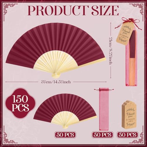 Roowest 50 Pack Paper Folding Fans Bamboo Wedding Favors, Burgundy Wine - Image 2