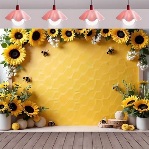 Yellow Sunflower Honey Photography Background Sweet Bee Backdrop Bee Theme Princess Girl Birthday Party Decoration Suitable for Home Decoration Spring Party Baby Shower Banner(B, 8x6feet) - Image 4