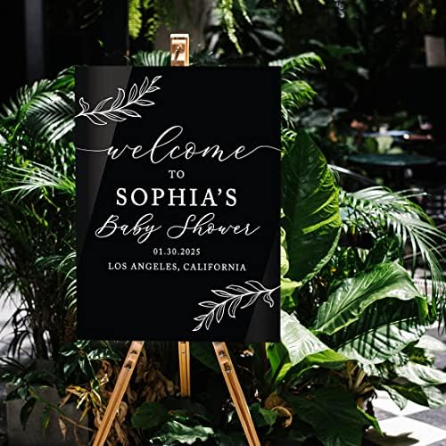 Andaz Press 16X20 Inch Black Acrylic Personalized Baby Shower Welcome Sign, Gender Neutral Large Custom Sign For Easel Stand, Rustic Laurel Leaves Baby Shower Decorations Neutral, Acrylic Welcome Sign - Image 3