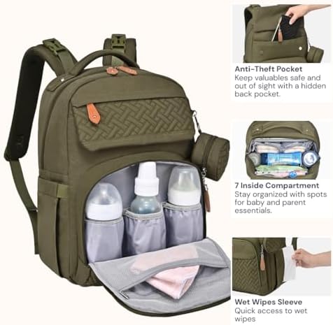 BabbleRoo Diaper Bag Backpack - Travel Large Baby Diaper Bag with Changing pad, Waterproof Baby Bags for Mom & Dad, Unisex Bags with Pacifier Case, Luggage Strap & Stroller Clips– Army Green - Image 6