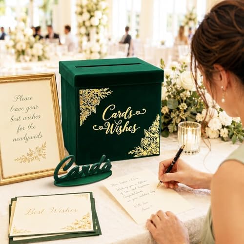 Colarr Velvet Wedding Card Box with Wooden Cards Sign Set, Emerald Green - Image 5