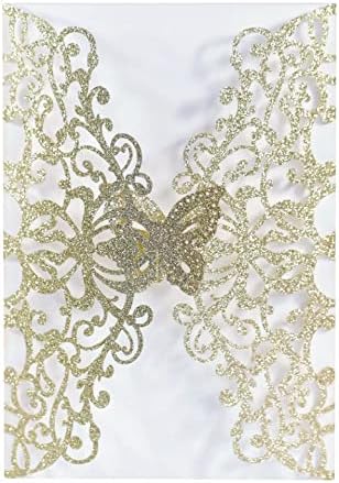50sets Glitter Laser Cut Lace Flora Wedding Invitation Cards with Butterfly and Envelopes for Bridal Shower Engagement Quinceañera Wedding Invite (Whole Set, Glitter Light Gold) - Image 3