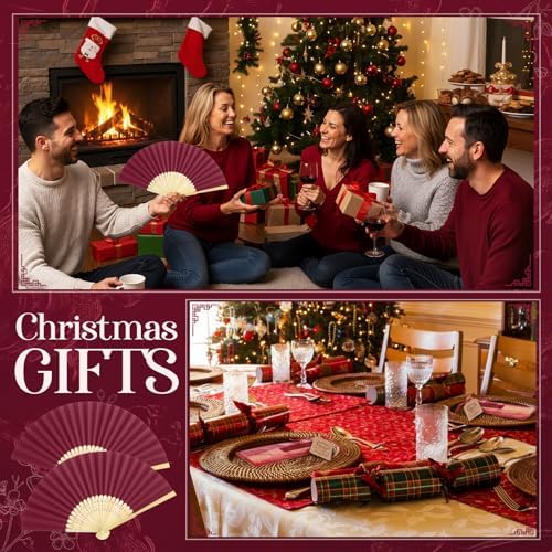 Roowest 50 Pack Paper Folding Fans Bamboo Wedding Favors, Burgundy Wine - Image 5