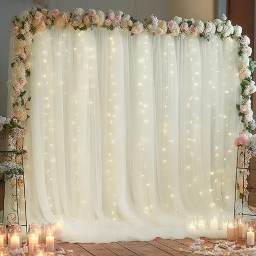 10x10ft Ivory Tulle Backdrop Curtain with Lights String for Parites, Sheer Photo Backdrop Curtain Drapes for Wedding Baby Shower Birthday Party Photo Shoot Decorations by Partisky