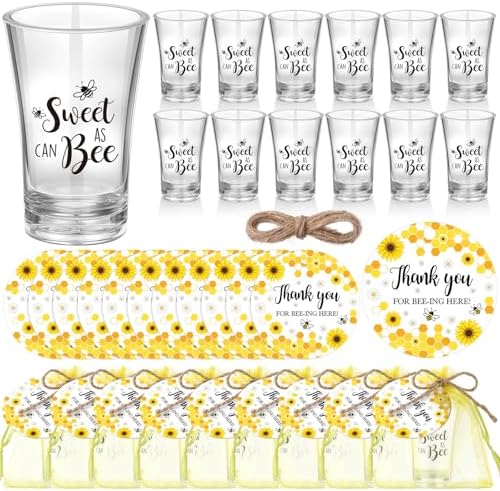 Funnymoom 50 Sets Bee Party Favors Shot Glasses Honey Bee Gifts for Guests Souvenir Sweet As Can Acrylic Clear Gender Reveal Party Thank Card and Organza Bags for Birthday by Funnymoom