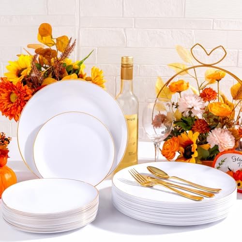 YOUBET 175PCS White Plastic Plates with Gold Rim for Wedding Party - Image 3
