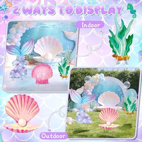 6 Pcs Mermaid Backdrop Under The Sea Birthday Party Decorations Large Mermaid Tail Seaweed Seashell Cardboard Cutouts Ocean Theme Booth Photo Props for Baby Shower Indoor Outdoor Decor - Image 5