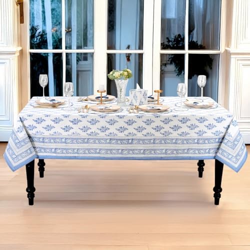 Ridhi Coastal Blue Hand Block Print Cotton Tablecloth 190 x 72 Inch - Image 7