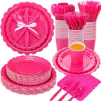 Ziliny 350 Pcs Hot Pink Plates and Napkins, 50 Guest Breast Cancer Awareness Party Supplies Include Scalloped Paper Plates Napkins Cups Plastic Spoons Forks Knives Disposable Tableware Set for Women by Ziliny