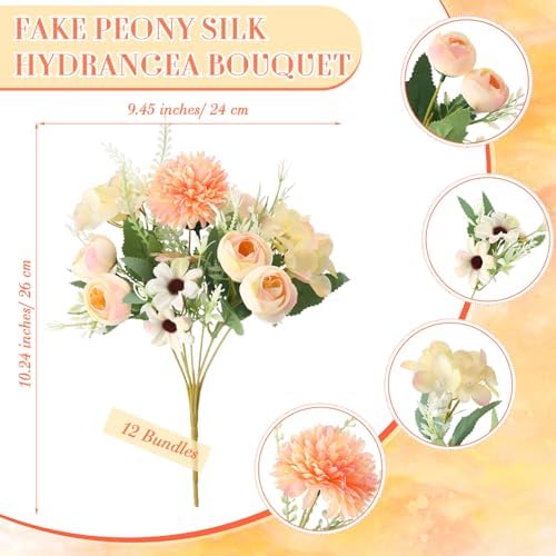 Tigeen 12 Bundles Peonies Artificial Flowers Faux Roses, Champagne - Image 2