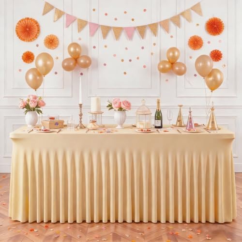 2 Packs Dark Champagne Spandex Tableclothes for 4 Foot Rectangle Tables, Wrinkle Free 4ft Fitted Table Cover Stretch Table Cloth Desk Skirt for Weddings Baby Shower Birthday Party Banquet Decorations - Image 3