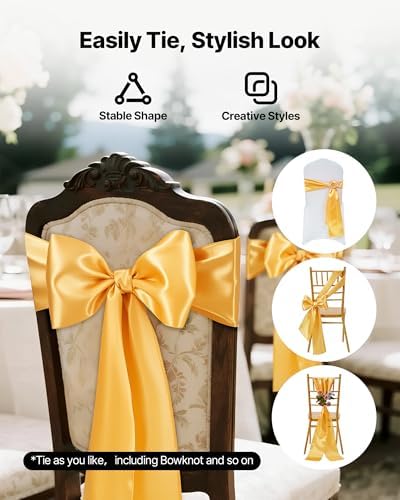VEVOR Satin Chair Sashes Bows, Chair Ribbon Ties Back Sash, 7 x 108 inch, Wedding Reception Decoration, for Wedding Ceremony Baby Shower Party Events Banquet Cover Decoration (Gold, 100pcs) - Image 4