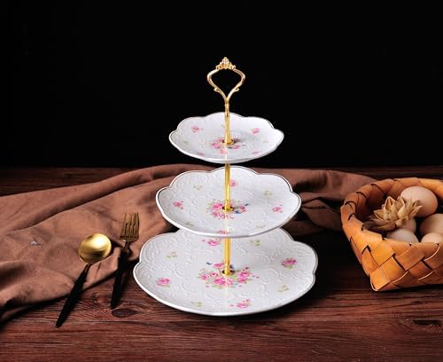 Jusalpha Embossed 3-tier Ceramic Cake Stand- Cupcake Stand with Golden Rim - Image 7