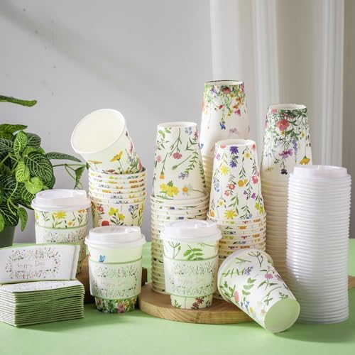Remerry 100 Pcs 12oz Floral Disposable Coffee Cups with Lids and Sleeves Paper Insulated Drink Hot Coffee Paper Cups with Dome Lids and Sleeves for Party Wedding Birthday Baby Shower (Stylish) - Image 2