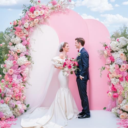 White and Pink Arch Cover 3 Set-7.2FT, 6.6FT, 6FT Arch Backdrop Cover Spandex Fitted 2-Color Fabric Stand Covers for Baby Shower Gilrs Birthday Party Ceremony Banquet Photo Background Decorations - Image 3