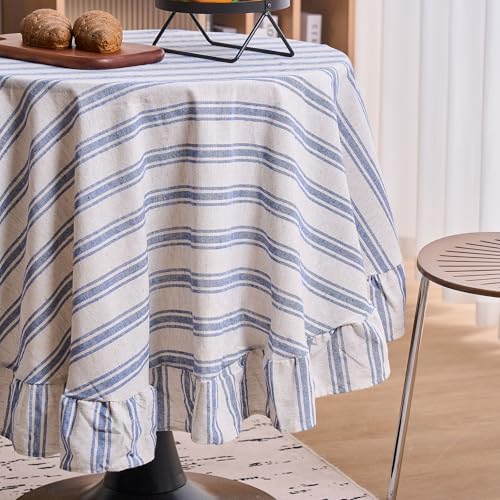 vctops Farmhouse Navy Stripe Ruffle Table Cloth, Boho Cotton Linen Tablecloth, Washable Table Cover for Round Table Baby Shower Kitchen Party Wedding Decor (Navy A,70") - Image 4