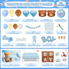 Party Spot！Bear Baby Shower Decorations Boy,80 pcs Balloons,4 Wood Grain Blocks with Letter,"We can bearly wait" Backdrop,Banner,Tablecloth,Balloon Pump, Blue Brown Bear Theme - Image 2