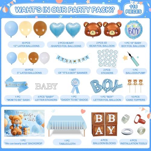 Party Spot！Bear Baby Shower Decorations Boy,80 pcs Balloons,4 Wood Grain Blocks with Letter,"We can bearly wait" Backdrop,Banner,Tablecloth,Balloon Pump, Blue Brown Bear Theme - Image 2