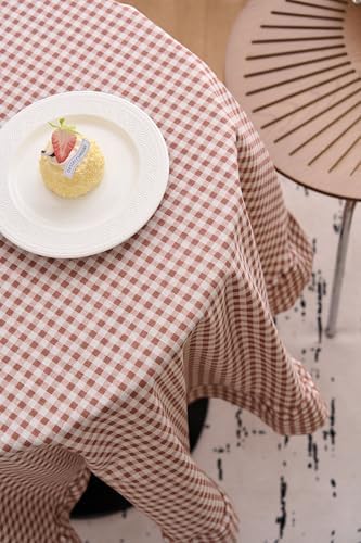 vctops Farmhouse Khaki Plaid Ruffle Table Cloth, Boho Cotton Linen Tablecloth, Washable Table Cover for Round Table Baby Shower Kitchen Party Wedding Decor (Khaki,70") - Image 6