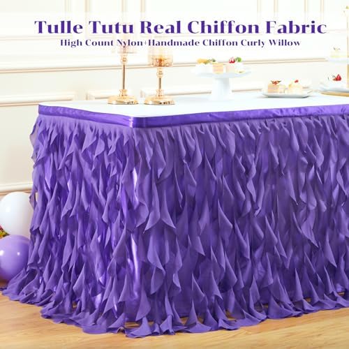 Partisky Mermaid Purple Tulle Curly Willow Table Skirt for Rectangle Table 14ft, Ruffle Tutu Table Cloth for Girls Boys Baby Shower,Mermaid Birthday Party - Image 4