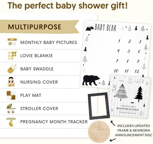 Pondering Pine Organic Baby Monthly Milestone Blanket Boy - Baby Bear Blanket with Month Marker Frame and Newborn Announcement Disc - 1-12 Months Milestones, Woodland, 47”x47” - Image 5