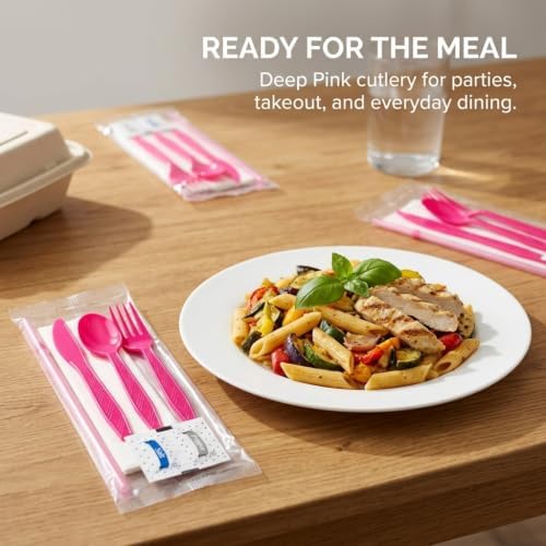 KitchenDine Pink Plastic Silverware Individually Wrapped — 100 Pack Heavy Duty Disposable Cutlery Set with Napkin, Fork, Knife, Spoon — Wrapped Utensils for Baby Shower, Birthday Party, Wedding, To Go - Image 5