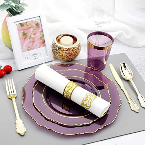 KIRE 210Pcs Purple Plastic Plates with Gold Rim& Silverware &Cups&Hand Napkin - Baroque Clear Plastic Dinnerware for Upscale Wedding/Parties Plates - Image 6