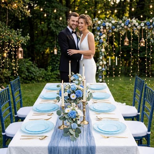 LIYH 120 Pcs Heavy Duty Baby Blue Scalloped Plastic Plates with Gold Rim - Image 5