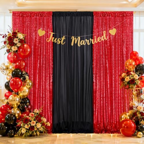 Birthday Backdrop Curtain 10ftx10ft - Red Sequin and Black Satin Drapes - Image 2