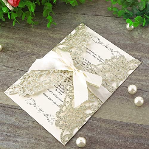 Hosmsua 50PCS Personalized Laser Cut Flora Lace Invitation Cards with Bowknot 5.12”x 7.3'' Light Gold Wedding Invitations with Envelopes for Engagement Birthday (Champagne Glitter) - Image 3