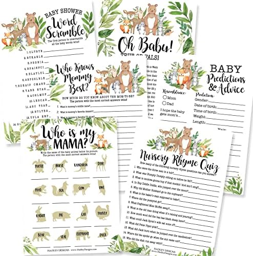 25 Woodland Animal Matching, 25 Nursery Rhyme Game, 25 Word Scramble For Baby Shower, 25 True Or False Game, 25 Who Knows Mommy Best, 25 Baby Prediction And Advice Cards - 6 Double Sided Cards by HadleyDesigns