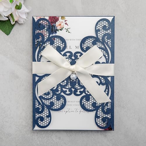 20Pcs Personalized Wedding Invitation, Customized Navy Blue Laser Cut Invitation Cards With Envelopes Rhinestone Pearls and Ribbons For Wedding XV Anos Quinceanera Invitation - Image 2