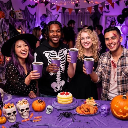 Funnymoom 452 Pcs Halloween Spiderweb Supplies Tableware for 50 Guests, Purple Spider Web Paper Plates Napkins Cups Tablecloth Cutlery Straws for Spiderweb Halloween Birthday Party Decoration - Image 5