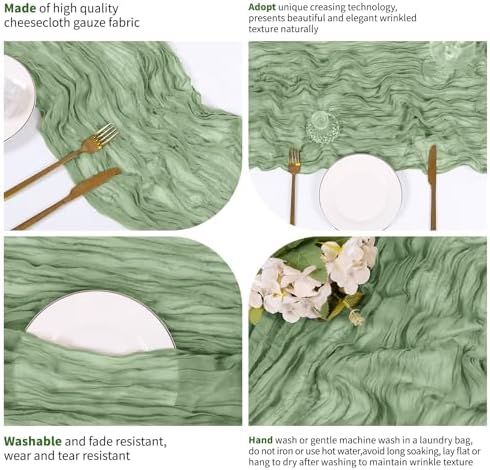 14 Pack Sage Green Cheesecloth Table Runner 17x108 Inch Semi Sheer Boho Gauze Cheese Cloth Fabric Table Runners, for Wedding Party Baby Shower Birthday Home Decor Garden Farmhouse - Image 4