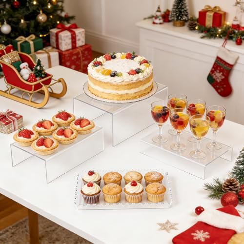 Acrylic Buffet Risers, Food Risers for Buffet Table, Clear Acrylic Risers Display Stand with U Shaped for Catering Supplies, Scalloped Acrylic Serving Tray for Cupcake, Dessert and Party (Clear 4 PCS) - Image 5