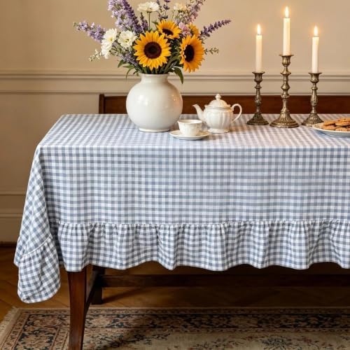 Eternal Beauty Gingham Ruffled Tablecloth Dusty Blue White 60x120 Farmhouse - Image 3