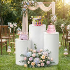 HAISIWLKJ 3PCS Cylinder Pedestal Stands for Parties, White Metal Round Cylinder Plinths Dessert Table Display Pillars for Birthday Wedding Bridal Baby Shower Party Decorations(Large) - Image 4