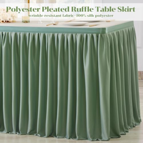 Partisky Sage Green Polyester Table Skirt for Rectangle Tables 14ft, Wrinkle Resistant Pleated Ruffle Table Cloth for Wedding Baby Shower - Image 5