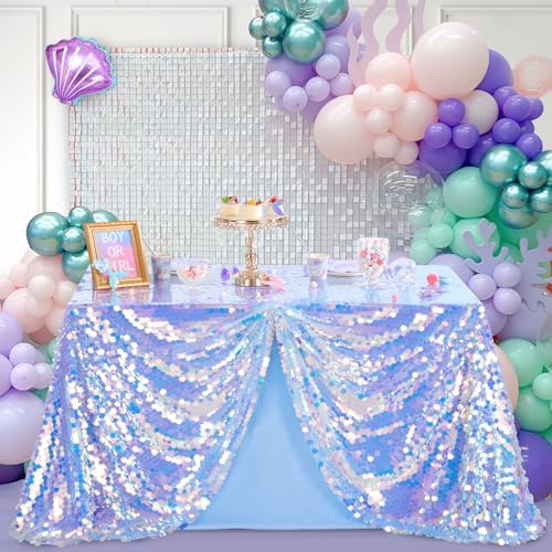QueenDream Rectangle Sequin Blue Mermaid Tablecloth - 51x106 Inch Sequin Fabric Rectangle Table Cloths Mermaid Birthday Ocean Party Decoration - Image 2