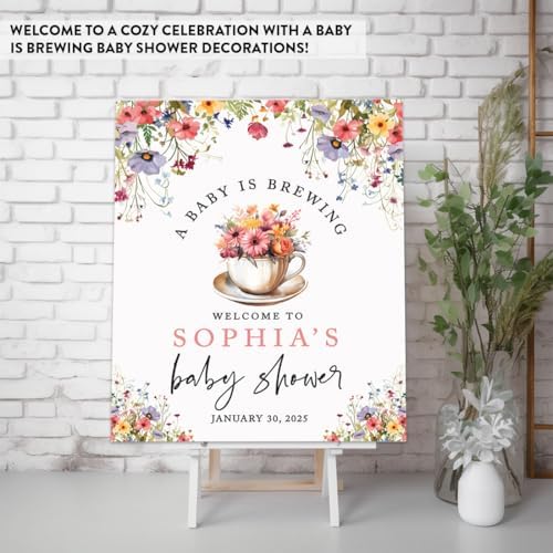 Andaz Press Personalized A Baby is Brewing Baby Shower Decorations, Floral Tea Party Baby Shower Welcome Sign Decor, Brunch Party Decorations, 16x20 Inch - Image 3