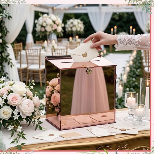 BreezeHug Rose Gold Acrylic Wedding Card Box with Slot and Lock, Money Gift Box with DIY Letters Cards Gifts/Thank You Letters, Baby Shower Graduation Birthday Party (Medium) - Image 3